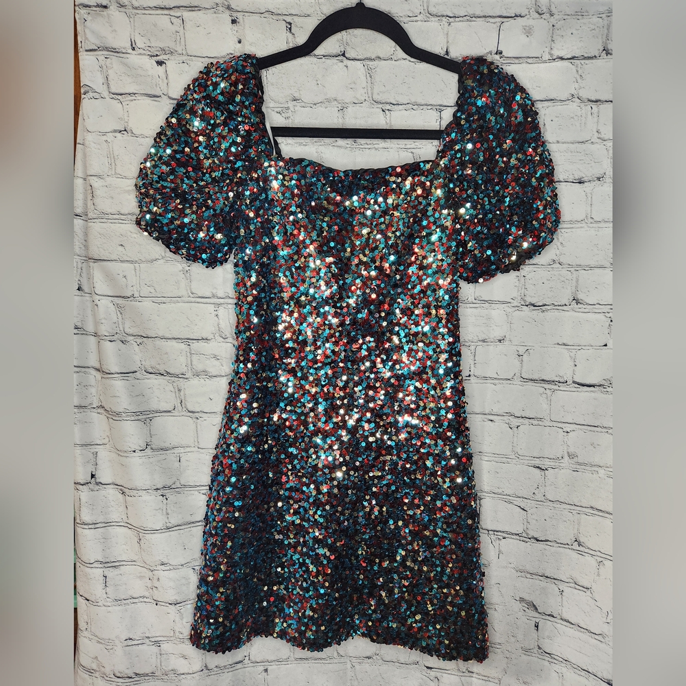 Lulu's Blue Multi Sequin Puff Sleeve Evening Mini‎ Dress Size XS